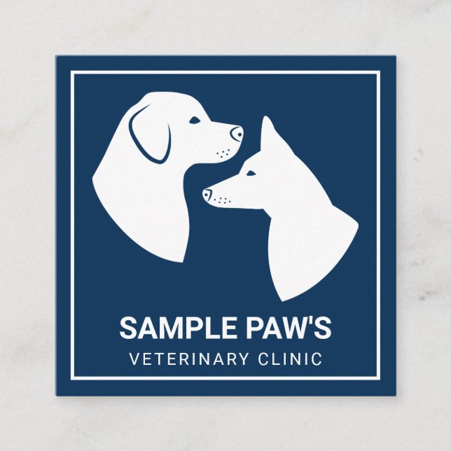 Cartão De Visita Quadrado Cães Brancos Silhuettes Em Azul - Clínica Veteriná (Frente)