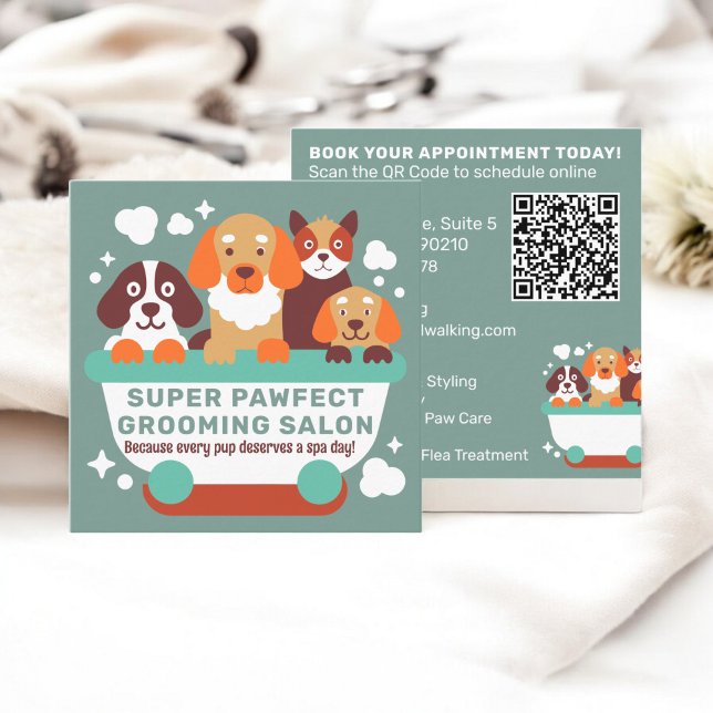 Cartão De Visita Quadrado Cães de laranja-lacre retrorados Salon Qr (Retro Teal orange Dogs Grooming Salon Qr code Square Business Card)