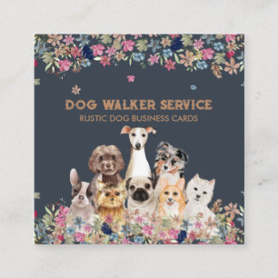 Cartão De Visita Quadrado Cães Flores Rústico Serviço Floral Pet