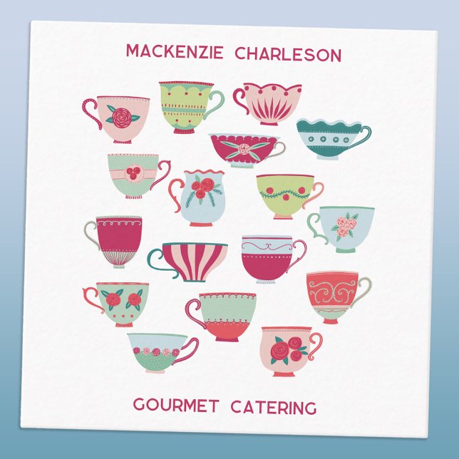 Cartão De Visita Quadrado Café de panificação de catering da Taça Retro Tea (Retro tea cups custom catering bakery cafe cook chef restaurant square business card)