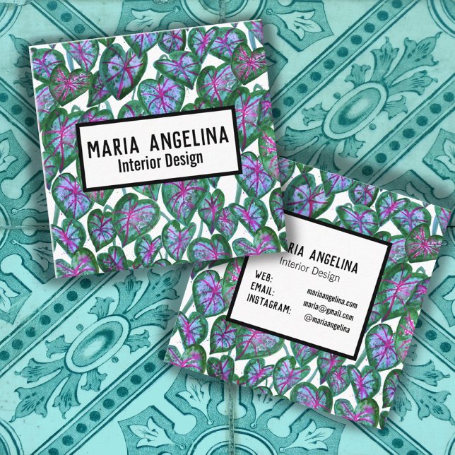 Cartão De Visita Quadrado Caládio Deixa Aquarela Tropical Negrito Botânica (Criador carregado)