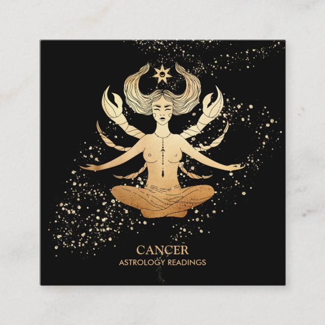 Cartão De Visita Quadrado *~* CANCER Astrologia Zodiac Lendo Dourado e Preto (Frente)