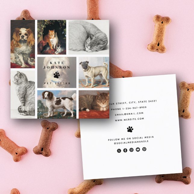 Cartão De Visita Quadrado Cão Gato Pets 8 Foto Pet Groomer Sitter Spa Salon (Dog Cat Pets 8 Photo Pet Groomer Sitter Spa Salon Square Business Card)