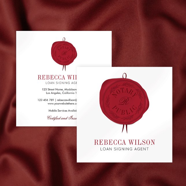 Cartão De Visita Quadrado Carimbo de Carimbo Moderno Elegante - Carimbo (Elegant loan signing agent business cards with red wax stamp effect and modern typography)