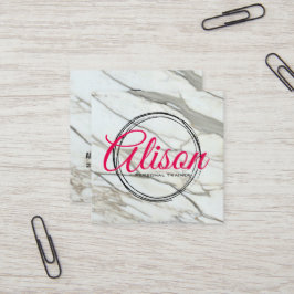 Cartão De Visita Quadrado Cartas de caligrafia rosa branco mármore.