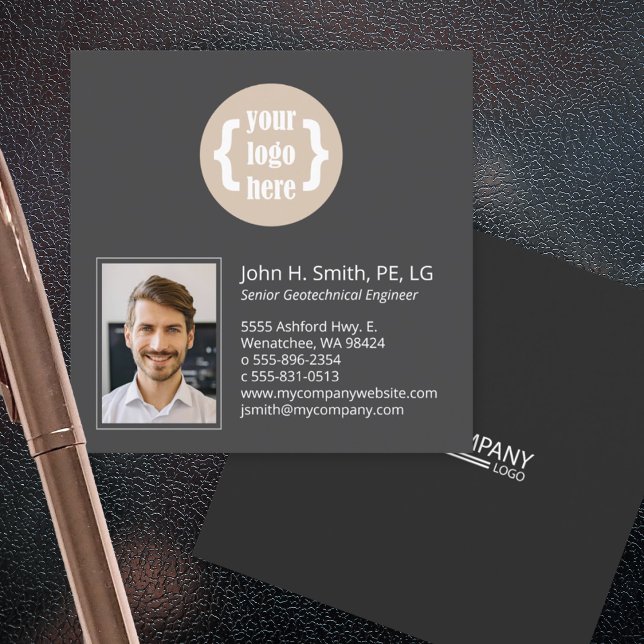 Cartão De Visita Quadrado Carvões Mínimos, De 2 Toneladas, Foto Profissional (modern black and gray square business cards, unique stylish photo business card)