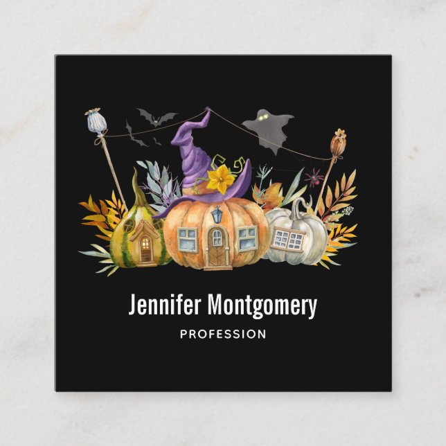 Cartão De Visita Quadrado Casa de Abóbora Assombrada com Fantasma e Morcegos (Frente)