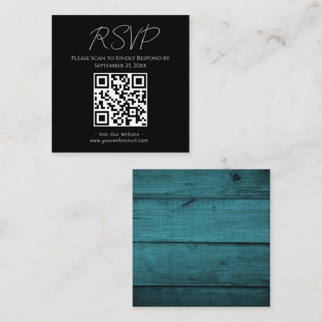 Cartão De Visita Quadrado Casamento de Madeira Azul RSVP no Site Rustic Blue (Frente/Verso)