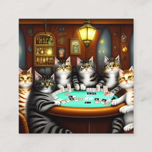 Cartão De Visita Quadrado Cats Altamente Detalhados Jogando Poker (Frente)