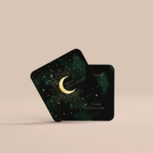 Cartão De Visita Quadrado Celestial Emerald Crescent Moon