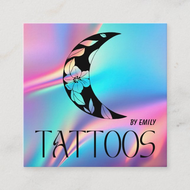Cartão De Visita Quadrado Celestial Tatuagem Salon Moon Holographic (Frente)