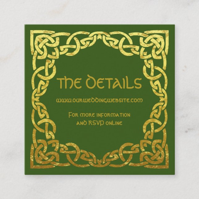 Cartão De Visita Quadrado Celtic Wedding Green | Faux Dourado Pormenores (Frente)