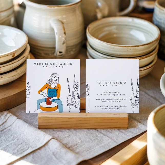 Cartão De Visita Quadrado Cerâmica mínima de ilustração de mulher azul-amare (Minimal yellow blue woman illustration pottery)