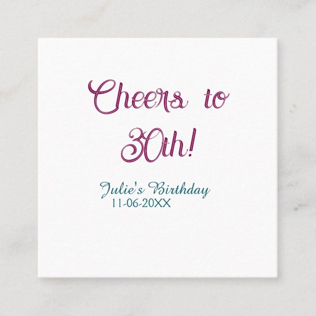 Cartão De Visita Quadrado Cheers to 30th birthday name date mauve blue elega (Frente)