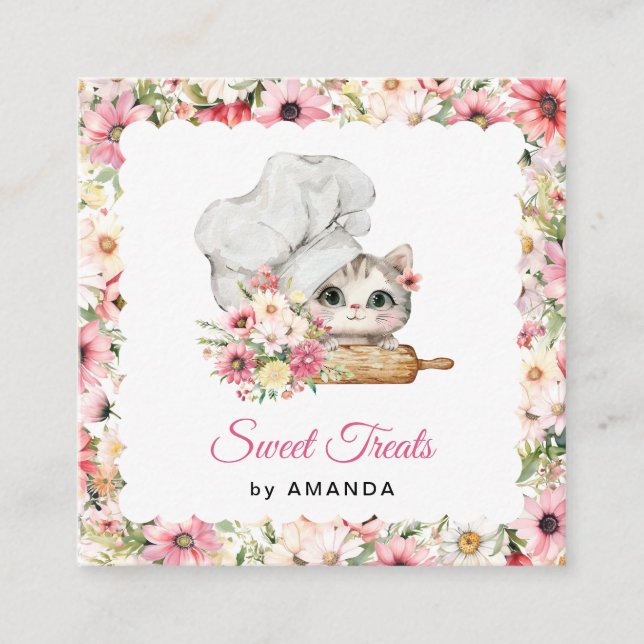 Cartão De Visita Quadrado Chef Kitten Bakery Thank you (Frente)