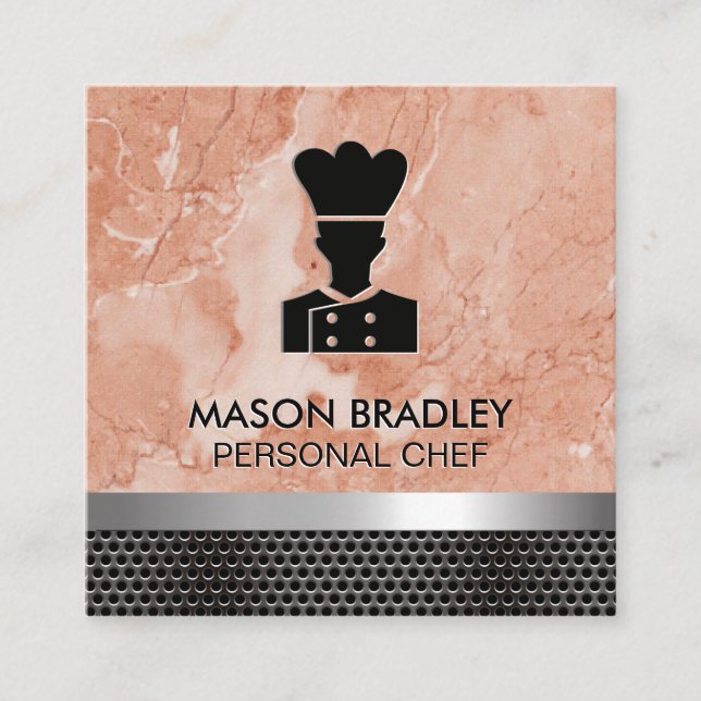 Cartão De Visita Quadrado Chef | Mármore Laranja | Trim Metálico (Frente)