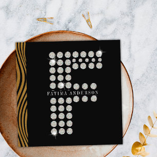 Cartão De Visita Quadrado Chic Black Dourada Diamond Inicial F Monograma QR