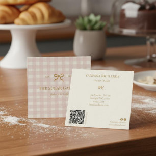 Cartão De Visita Quadrado Chic Cottage Rosa Xadrez Marketing Padaria QR