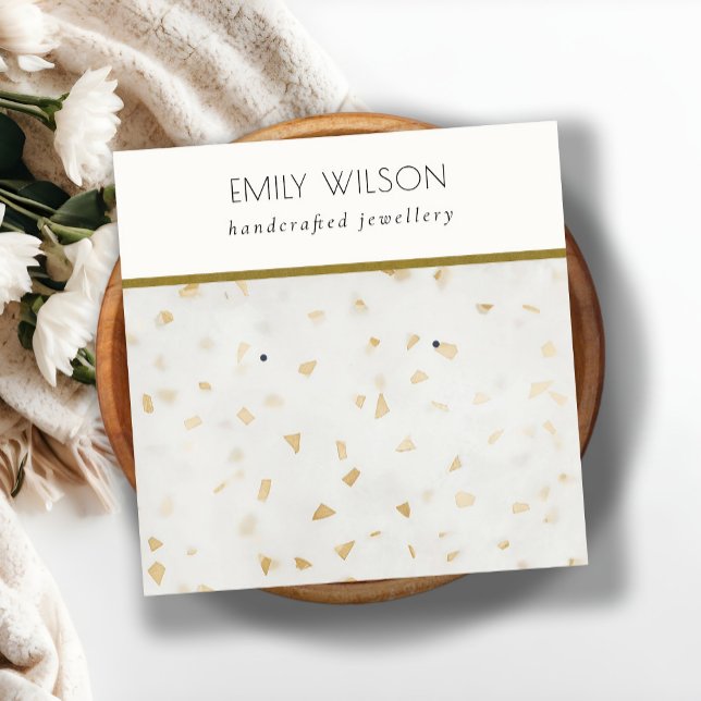 Cartão De Visita Quadrado Chic Ivory Dourado Terrazzo Marble Texture Earrand (Criador carregado)