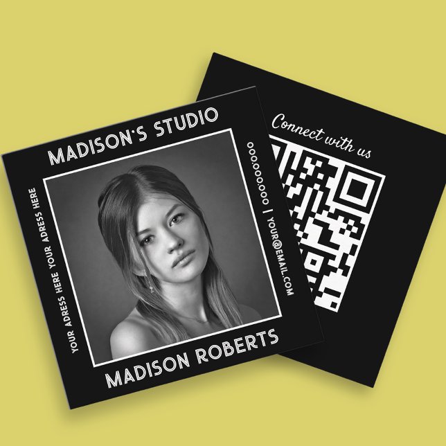 Cartão De Visita Quadrado Chic personalizado de fotografia com código QR do  (Criador carregado)