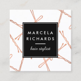 Cartão De Visita Quadrado Chic Rosa Dourado Bobby Pins Hair Stylist Salon