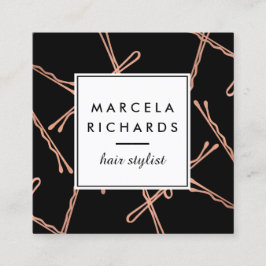 Cartão De Visita Quadrado Chic Rosa Dourado Bobby Pins Hair Stylist Salon Bl