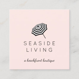 Cartão De Visita Quadrado Chic Striped Beach Umbrella Logo cor-de-rosa