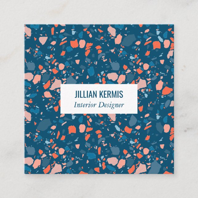 Cartão De Visita Quadrado Chic terrazzo elegante, cor-de-rosa azul (Frente)