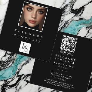 Cartão De Visita Quadrado Cílio Social Código QR Logo Foto Script Preto Bran