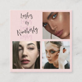 Cartão De Visita Quadrado Cílios de Foto 3 Script Preto Rosa Blush Elegante