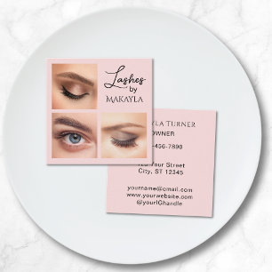 Cartão De Visita Quadrado Cílios de Foto 3 Script Preto Rosa Blush Elegante 