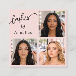 Cartão De Visita Quadrado Cílios de Foto 3 Script Preto Rosa Blush Elegante