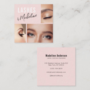 Cartão De Visita Quadrado Cílios de Foto 3 Script Preto Rosa Blush Elegante