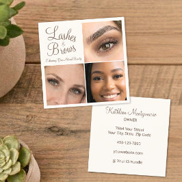 Cartão De Visita Quadrado Cílios e Sobrancelhas Marrom Creme Chic Script 3 F