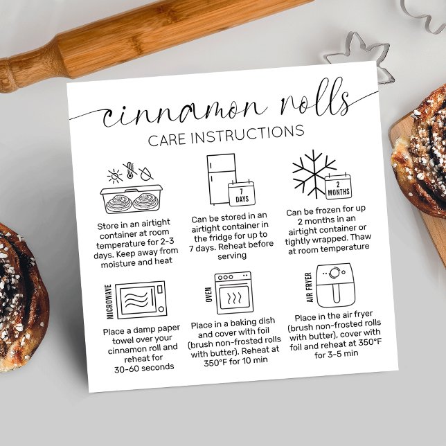 Cartão De Visita Quadrado Cinnamon Rolls Instruções para a padaria mínima de (Minimalist cinnamon rolls care & heating instructions cards with care icons, elegant script font)