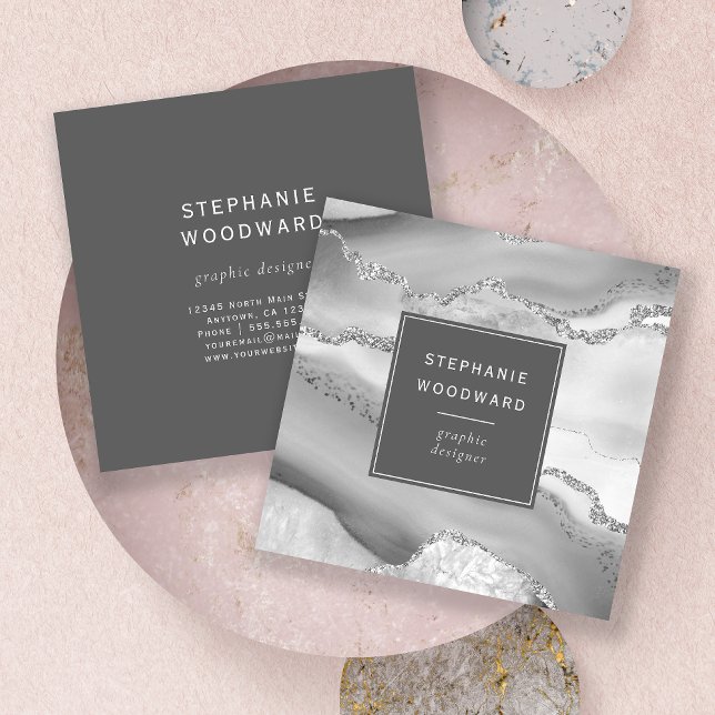 Cartão De Visita Quadrado Cinza Agate Geode Flores Brancas de Prata (Criador carregado)