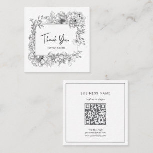 Cartão De Visita Quadrado Cinza de Arte Simples Floral QRCode Branco Obrigad