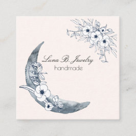 Cartão De Visita Quadrado Cinza de Azul de Arte Botânica e Lua