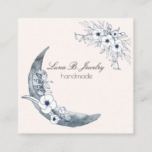 Cartão De Visita Quadrado Cinza de Azul de Arte Botânica e Lua