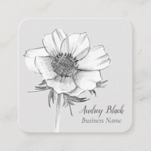 Cartão De Visita Quadrado Cinza Preta De Flor Branco Anêmico Botânico 