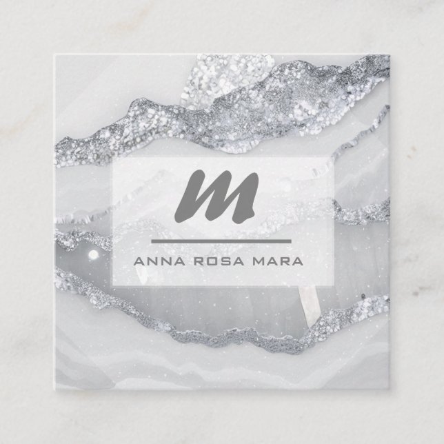 Cartão De Visita Quadrado *~* CINZA SILVER Glitter Glam QR Luxe AP66 inicial (Frente)