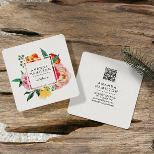 Cartão De Visita Quadrado Clássico Moderno CÓDIGO QR Floral Peony Peony Cl