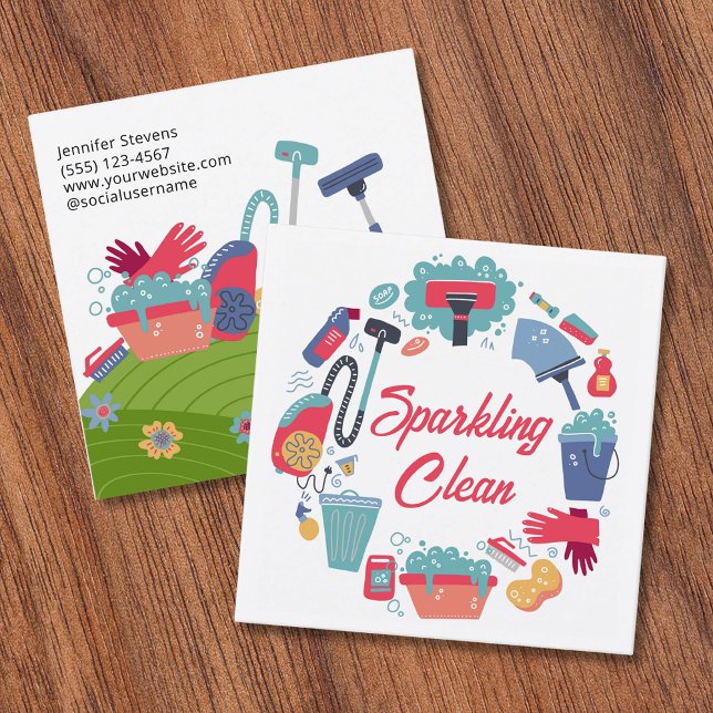 Cartão De Visita Quadrado Cleaning Supplies Housekeeping Service (Criador carregado)