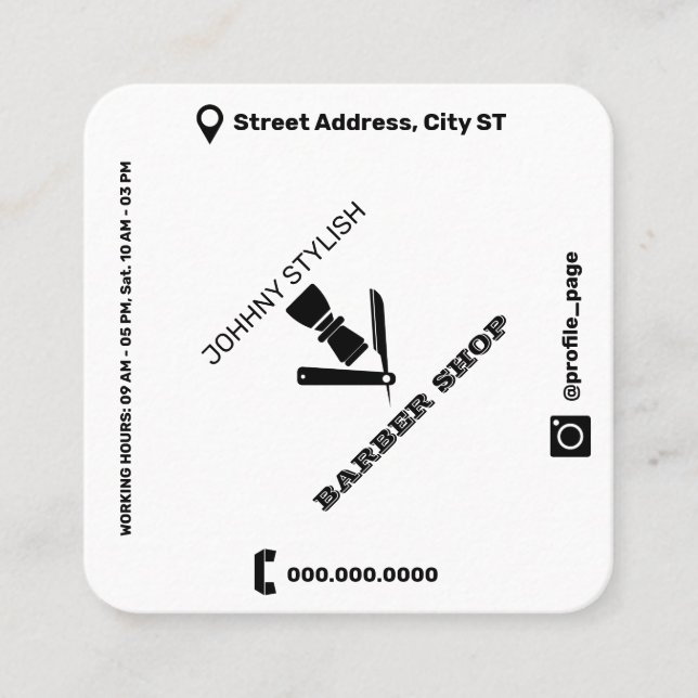 Cartão De Visita Quadrado cobrir branco estilo Rhomboid preto (Frente)