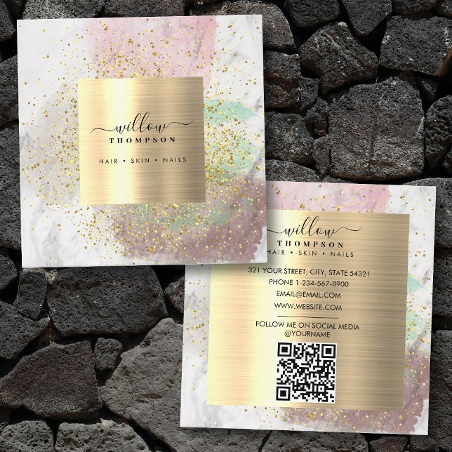 Cartão De Visita Quadrado Cód. QR do mármore branco com falso Dourado branco (Watercolor White Marble Faux Gold Glitter QR Code Square Business Card)