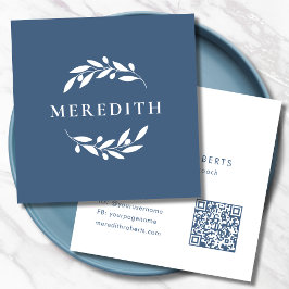 Cartão De Visita Quadrado Código QR Botânico Minimalista Azul Poeira