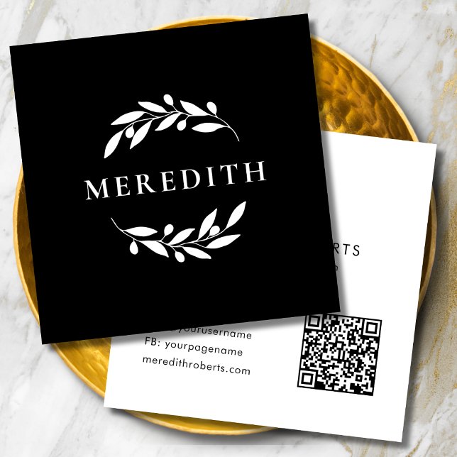 Cartão De Visita Quadrado Código QR Botânico Mínimo Preto e Branco (Minimalist Botanical Olive Branches QR Code Black and White Square Business Card)