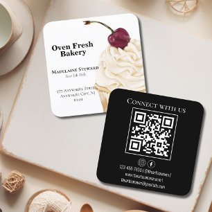 Cartão De Visita Quadrado Código QR Cupcake branco preto