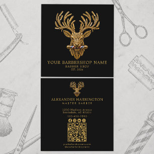 Cartão De Visita Quadrado Código QR da Barbearia Master Barber Gold Stag