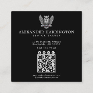 Cartão De Visita Quadrado Código Qr da Barbearia Profissional Coruja de Prat
